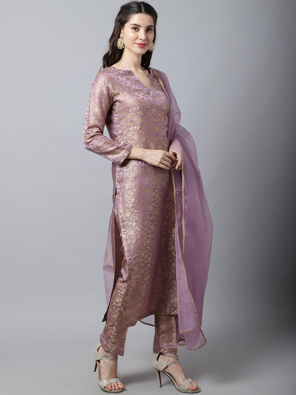 Women's Lilac Charm Brocade Straight Kurti With Straight Pants And Organza Dupatta - Anokherang