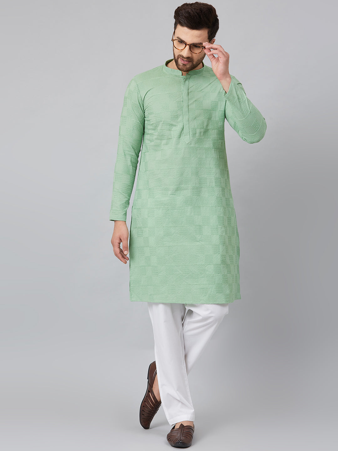 Men's Green Chikankari Embroidered Woven Design Straight Kurta With Pyjama - See Designs