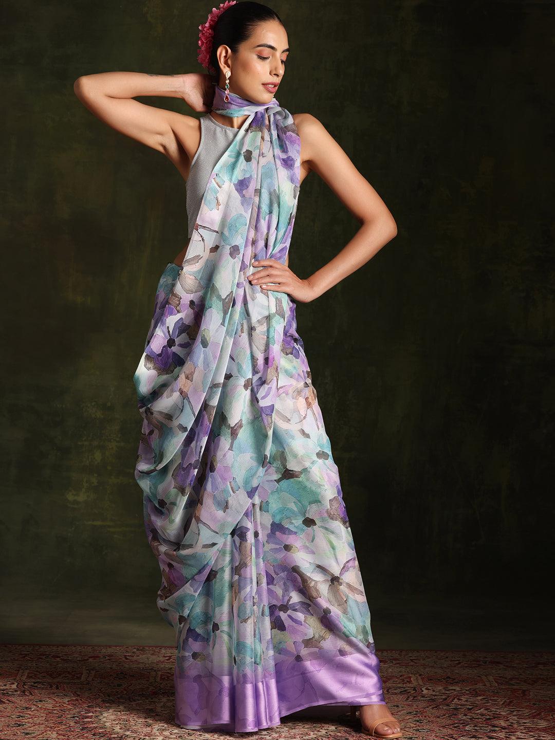 Lavender Printed Silk Blend Saree With Unstitched Blouse Piece - Jashvi