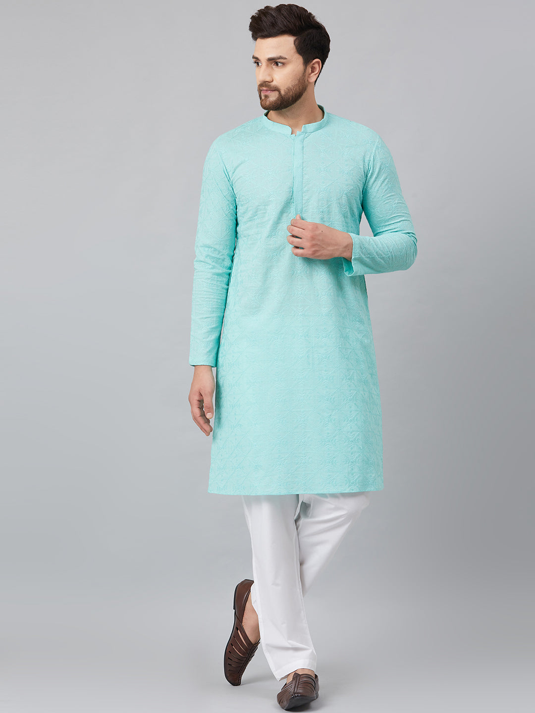 Men's Lime Green Green Chikankari Embroidered Woven Design Straight Kurta With Pyjama - See Designs