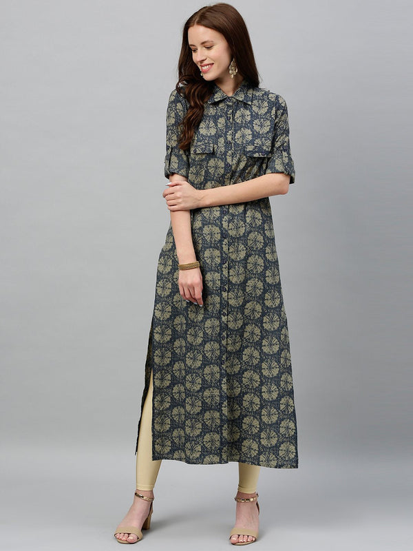 Women's Printed D-Line Cotton Fabric Straight Kurta Dark Green Color - Kipek