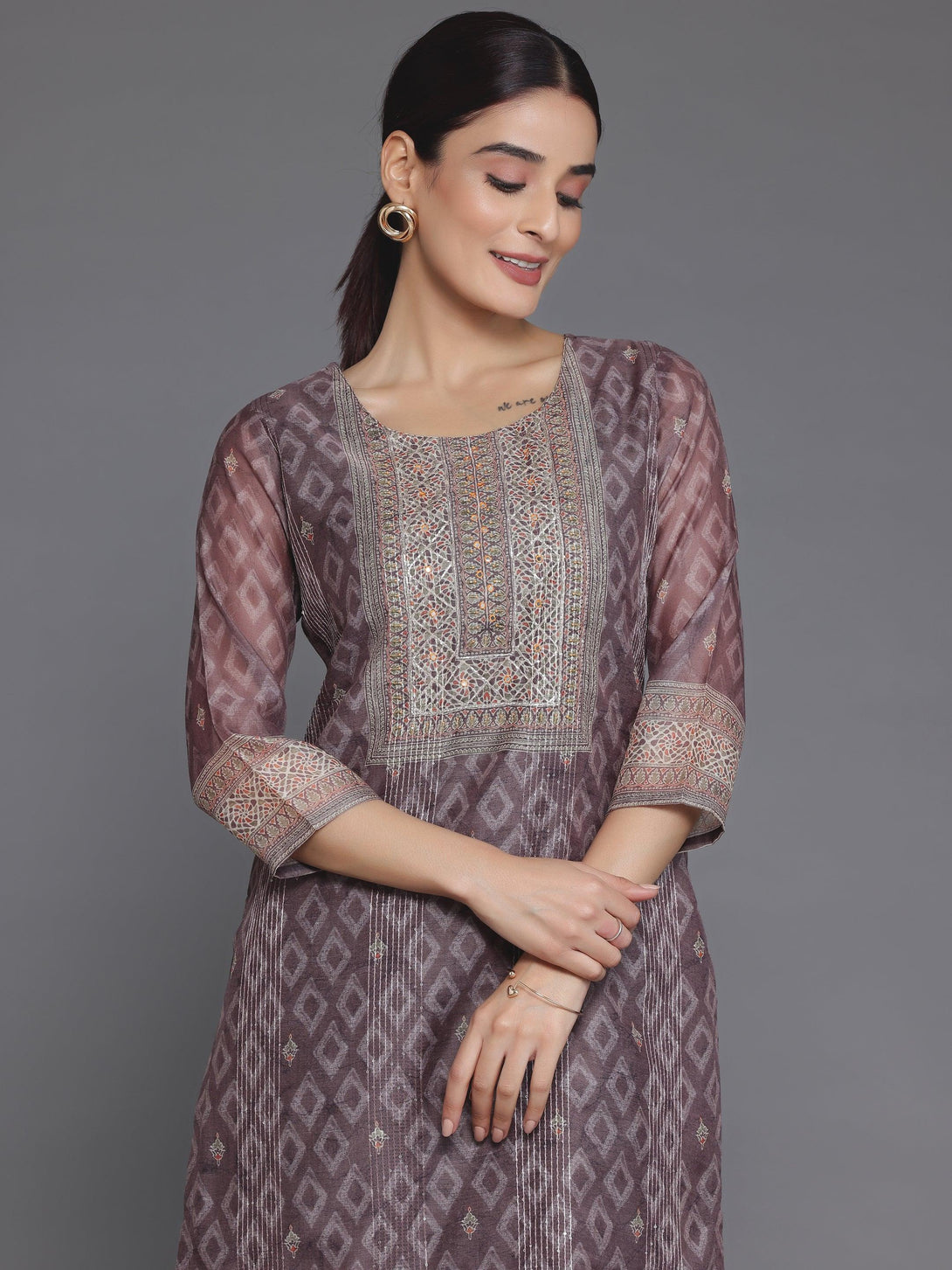 Brown Embellished Chanderi Silk Straight Kurta - Jashvi