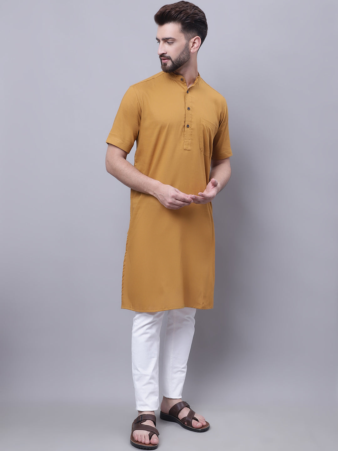 Men's Pure Cotton Short Sleeves Kurta With Band Collar - Even Apparels