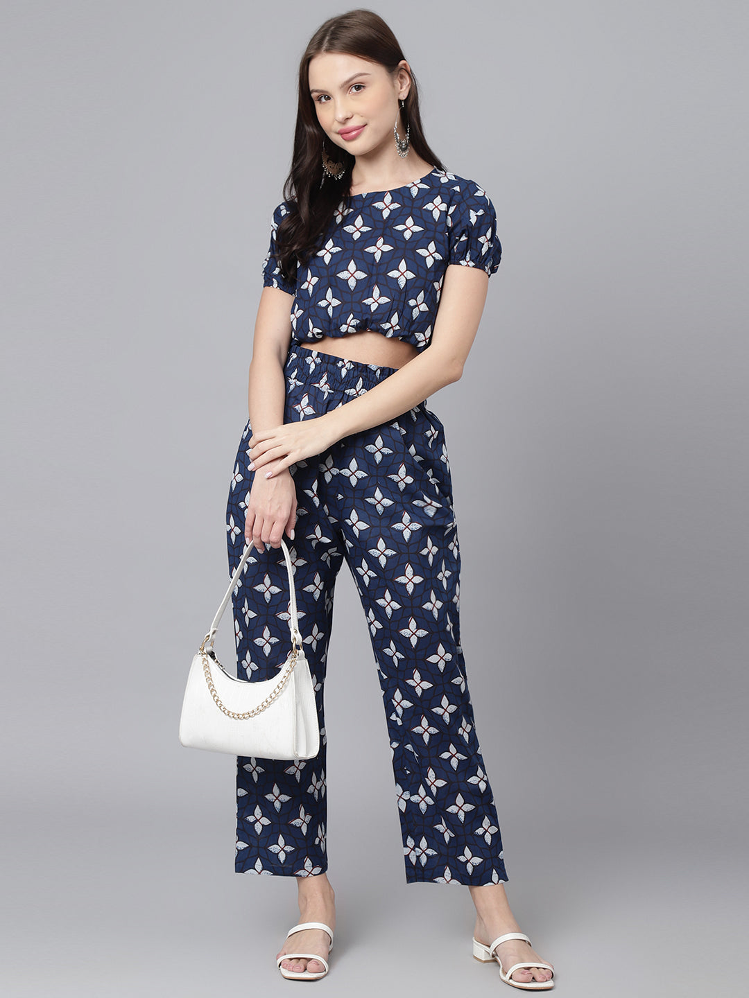 Women's Women Blue Cotton Printed Crop Top With Pant Fusion Set - DECKEDUP