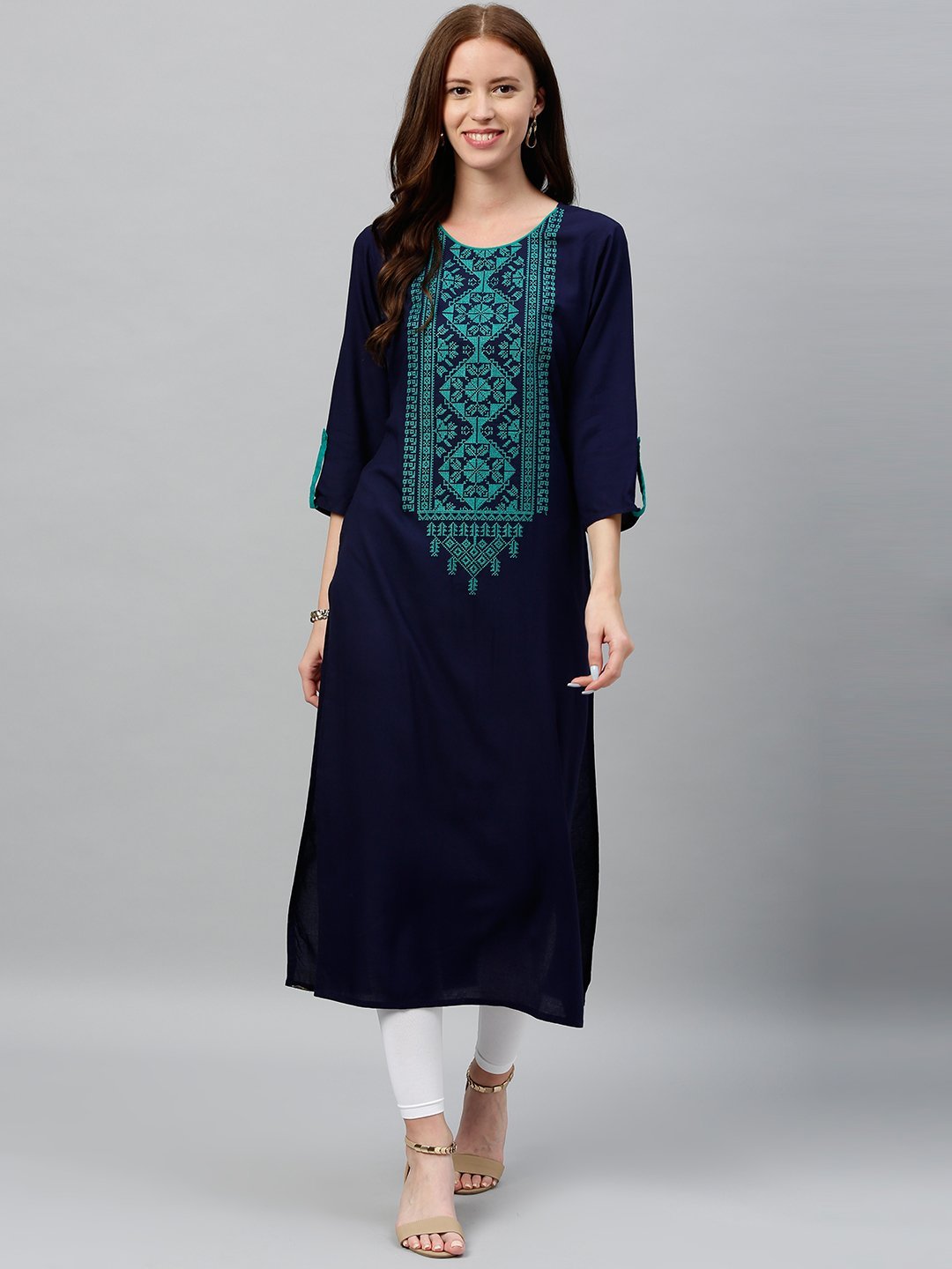 Women's Solid Printed Embroidered Rayon Slub Fabric Straight Kurta - Kipek