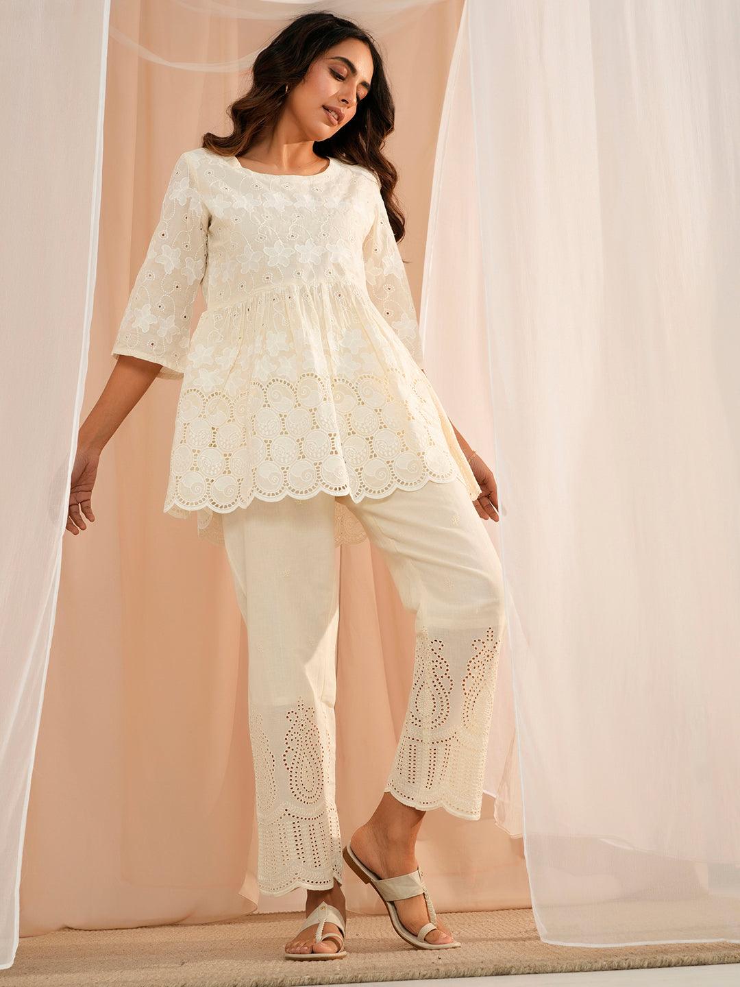 Zoya Off White Embroidered Cotton A-Line Kurti - Jashvi