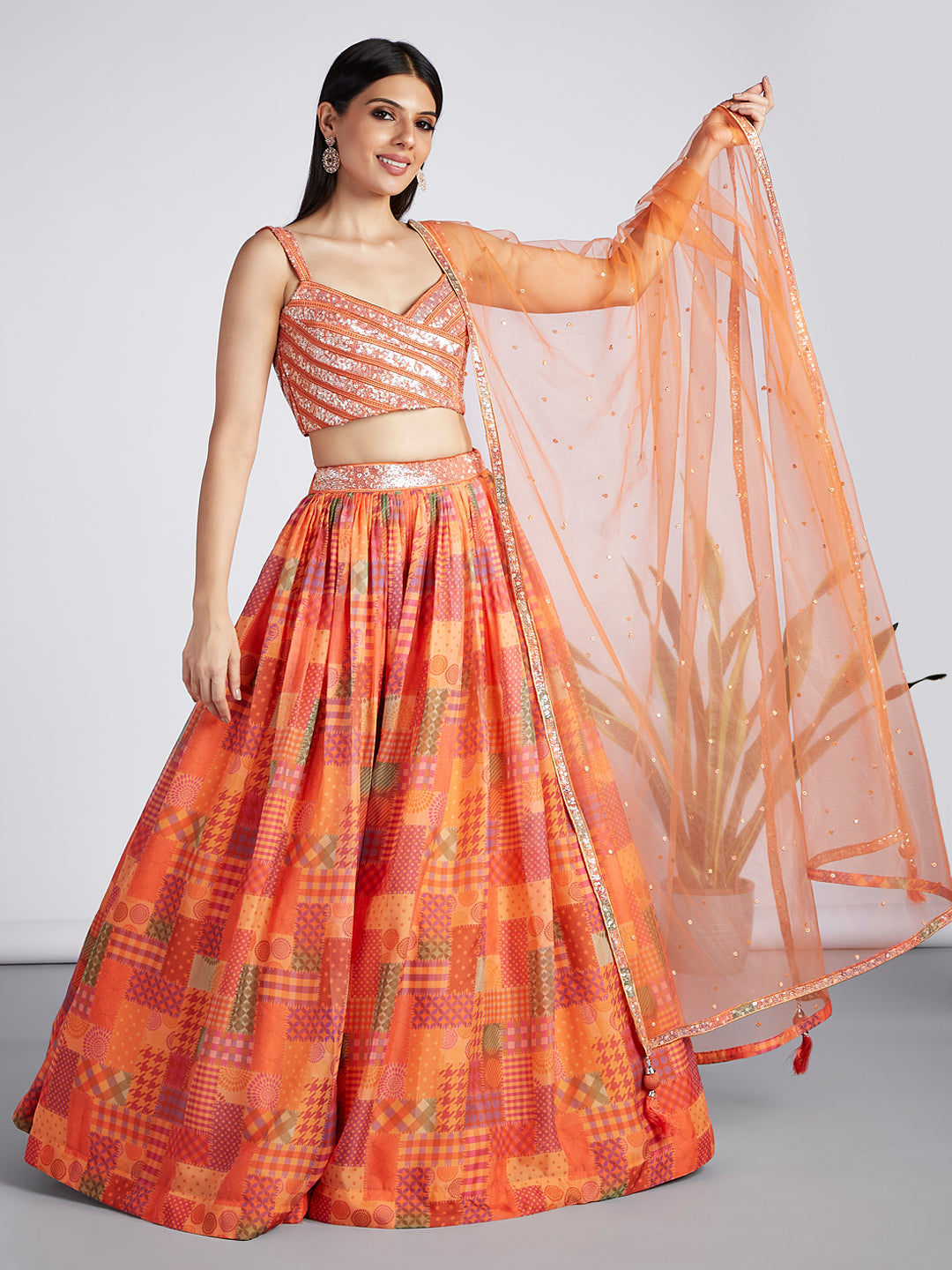 Women's Orange Colour Organza Treditional Design Digital Print Semi-Stitched Lehenga Choli & Dupatta - Royal Dwells