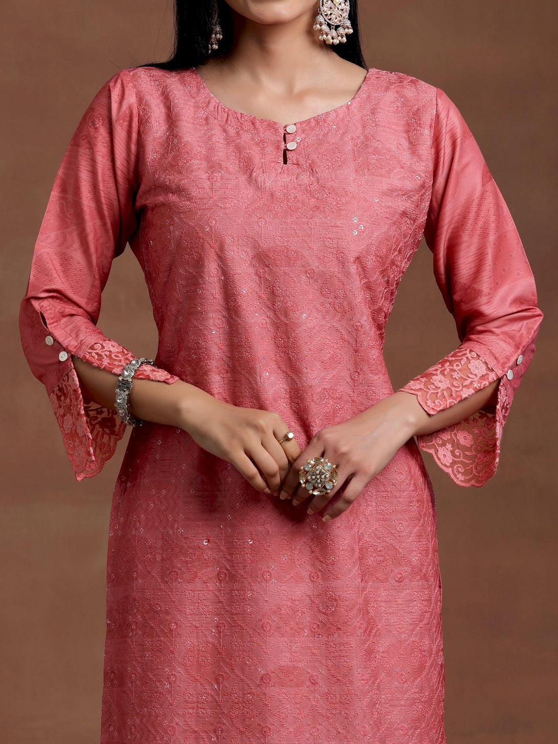 Peach Embroidered Silk Blend Straight Suit With Dupatta - Jashvi