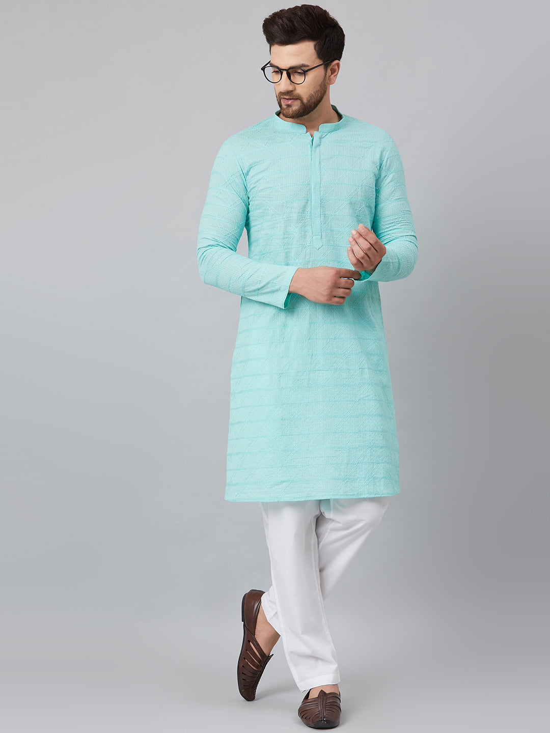 Men's Lime Green Green Chikankari Embroidered Woven Design Straight Kurta - See Designs