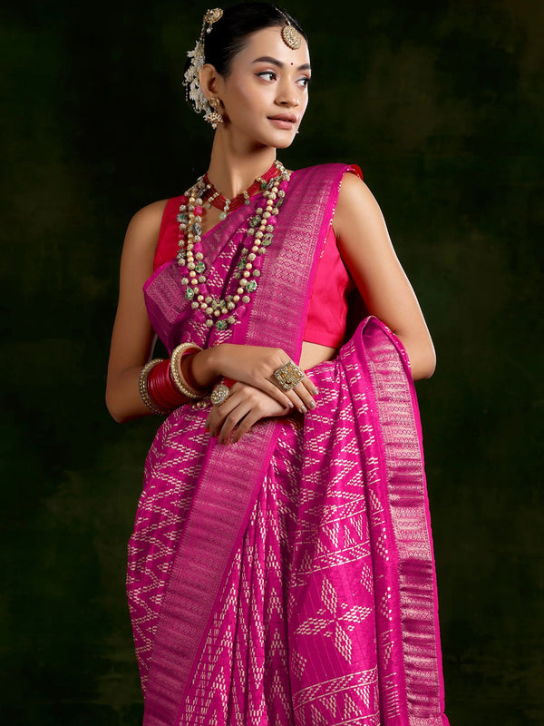 Pink Printed Silk Blend Saree With Unstitched Blouse Piece