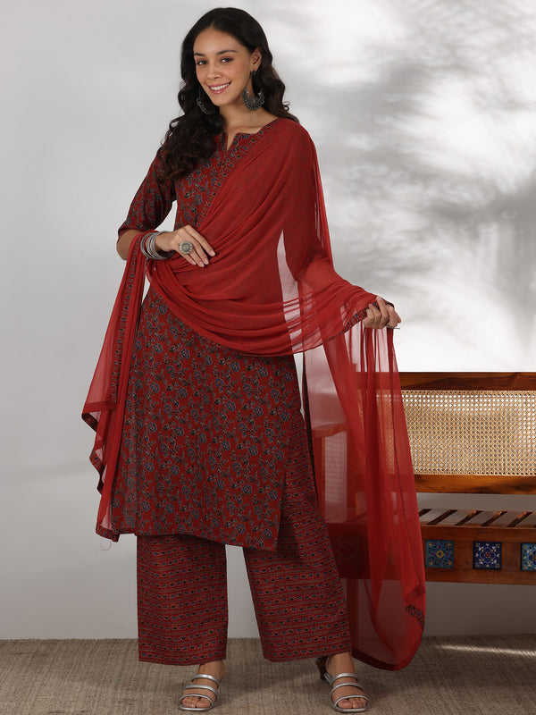 Rust Printed Cotton Straight Suit With Dupatta