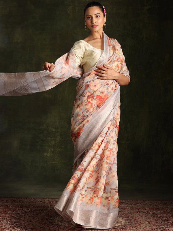 Grey Printed Silk Blend Saree With Unstitched Blouse Piece - Jashvi