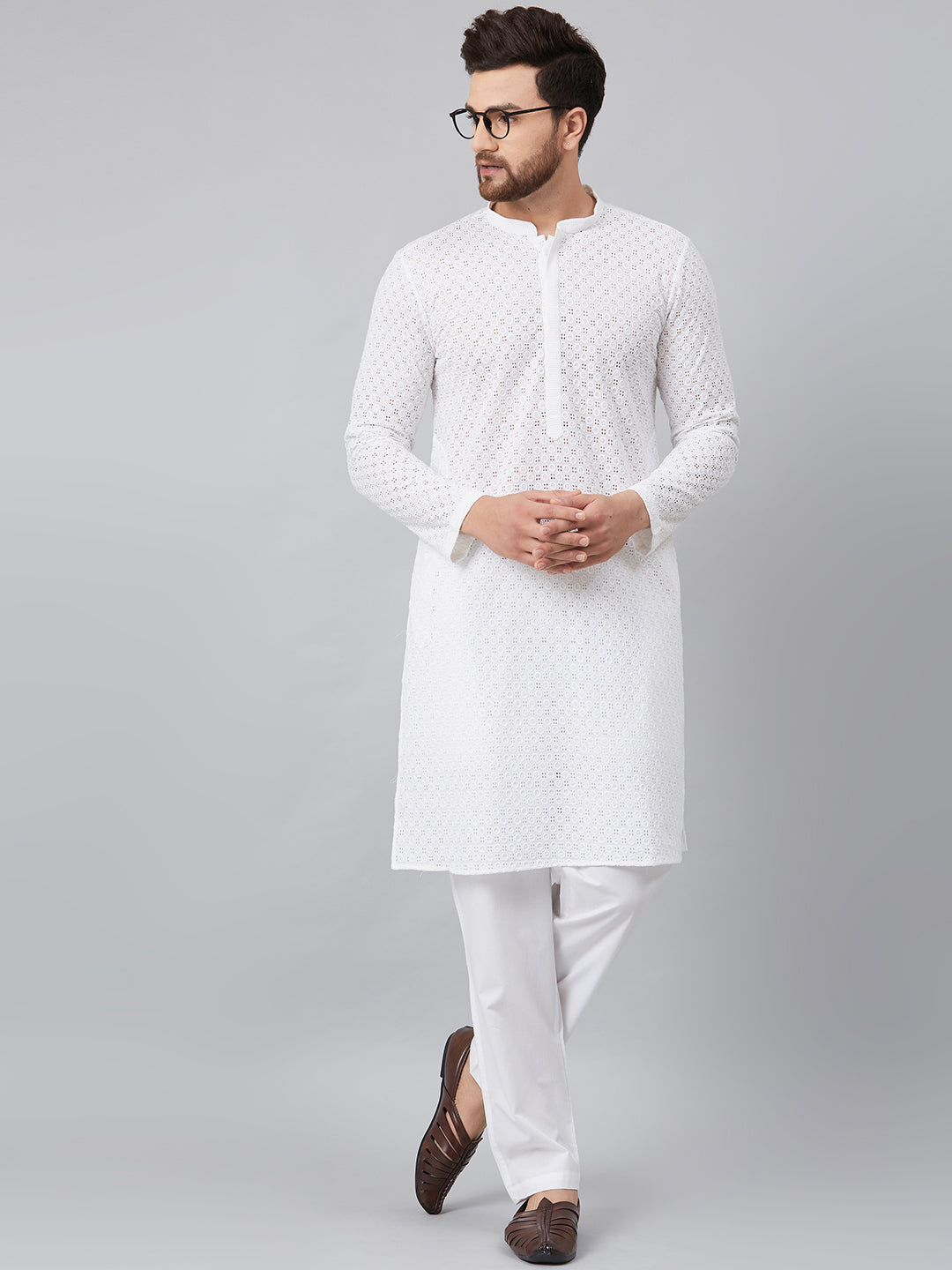 Men's White Green Chikankari Embroidered Woven Design Straight Kurta With Pyjama - See Designs