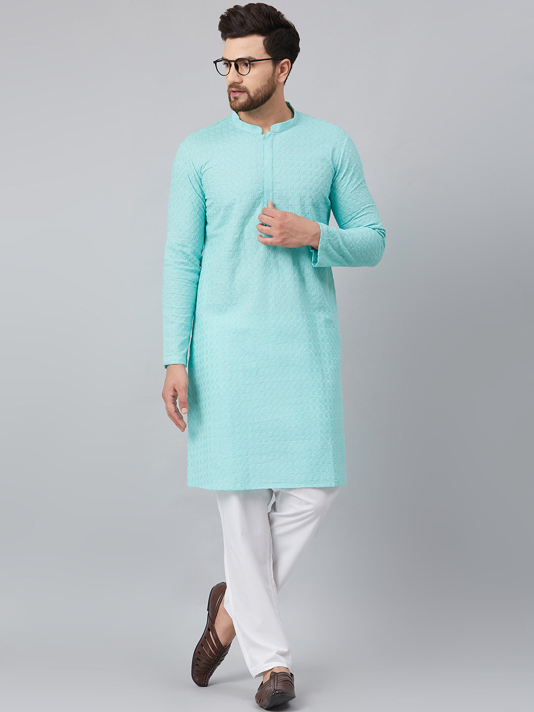 Men's Lime Green Green Chikankari Embroidered Woven Design Straight Kurta With Pyjama - See Designs