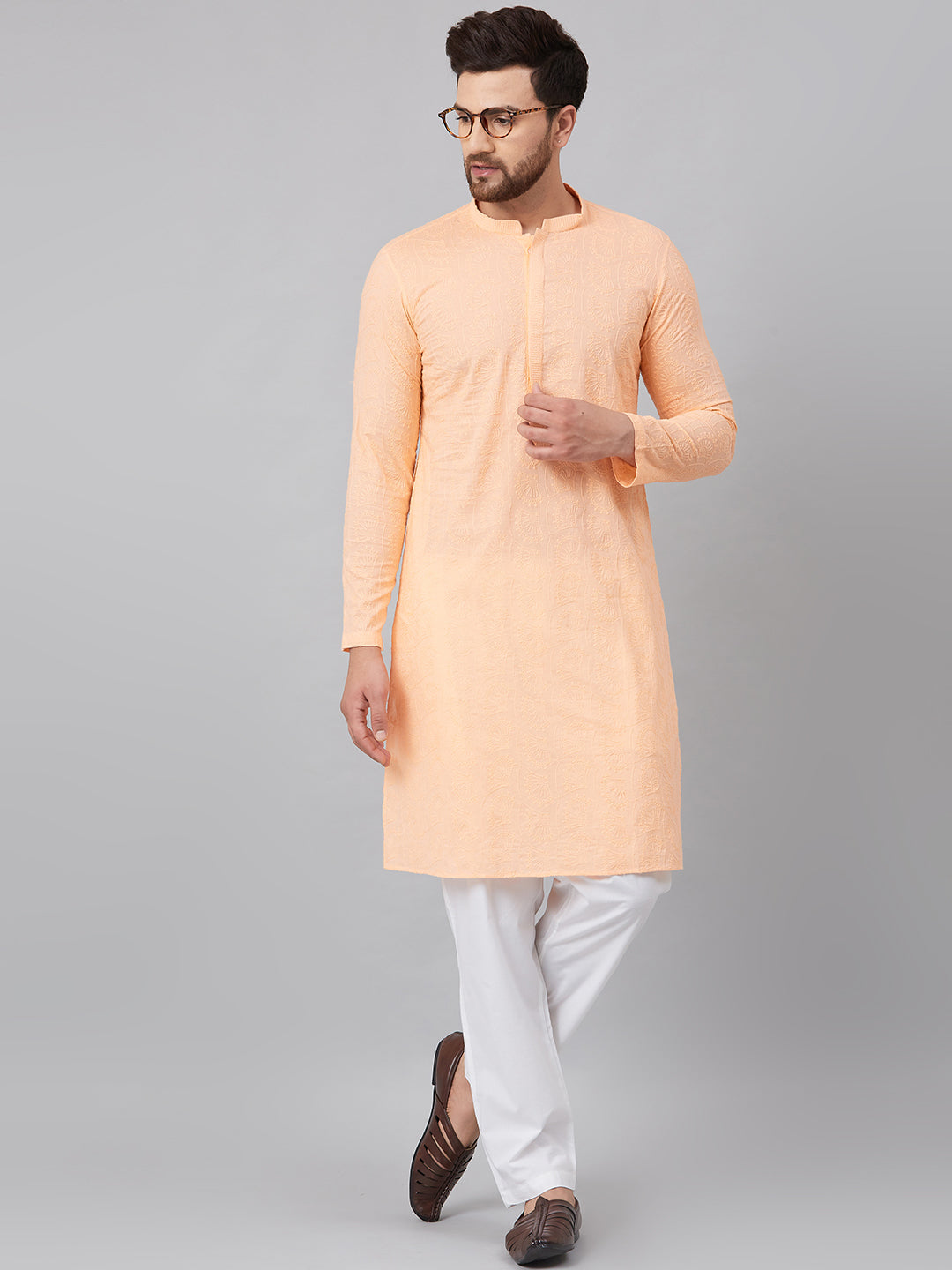 Men's Peach Chikankari Embroidered Woven Design Straight Kurta - See Designs