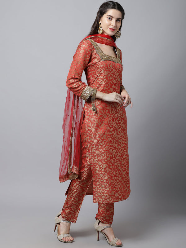 Women's Scarlet Red Brocade Kurti With Straight Pants And Net Stone Dupatta - Anokherang