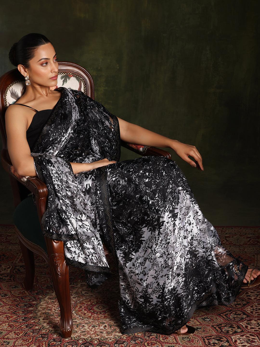 Black Printed Brasso Saree With Unstitched Blouse Piece - Jashvi