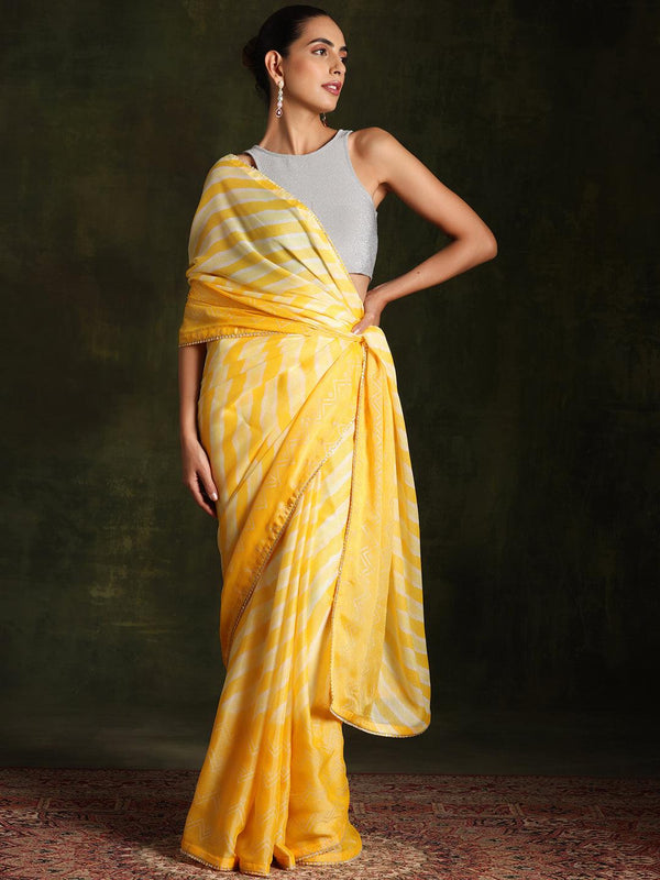 Yellow Printed Silk Blend Saree With Unstitched Blouse Piece - Jashvi