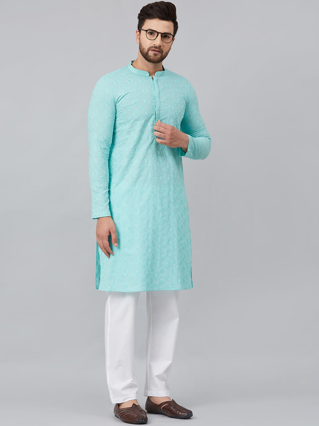 Men's Lime Green Green Chikankari Embroidered Woven Design Straight Kurta - See Designs