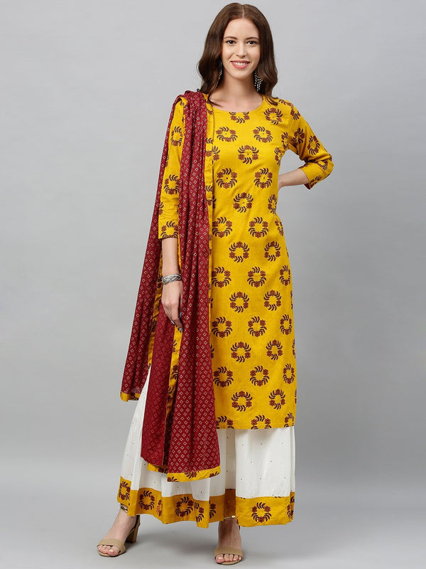 Women's Yellow Printed Kurta with Sharara & Dupatta Set by Kipek (3 Pc Set)