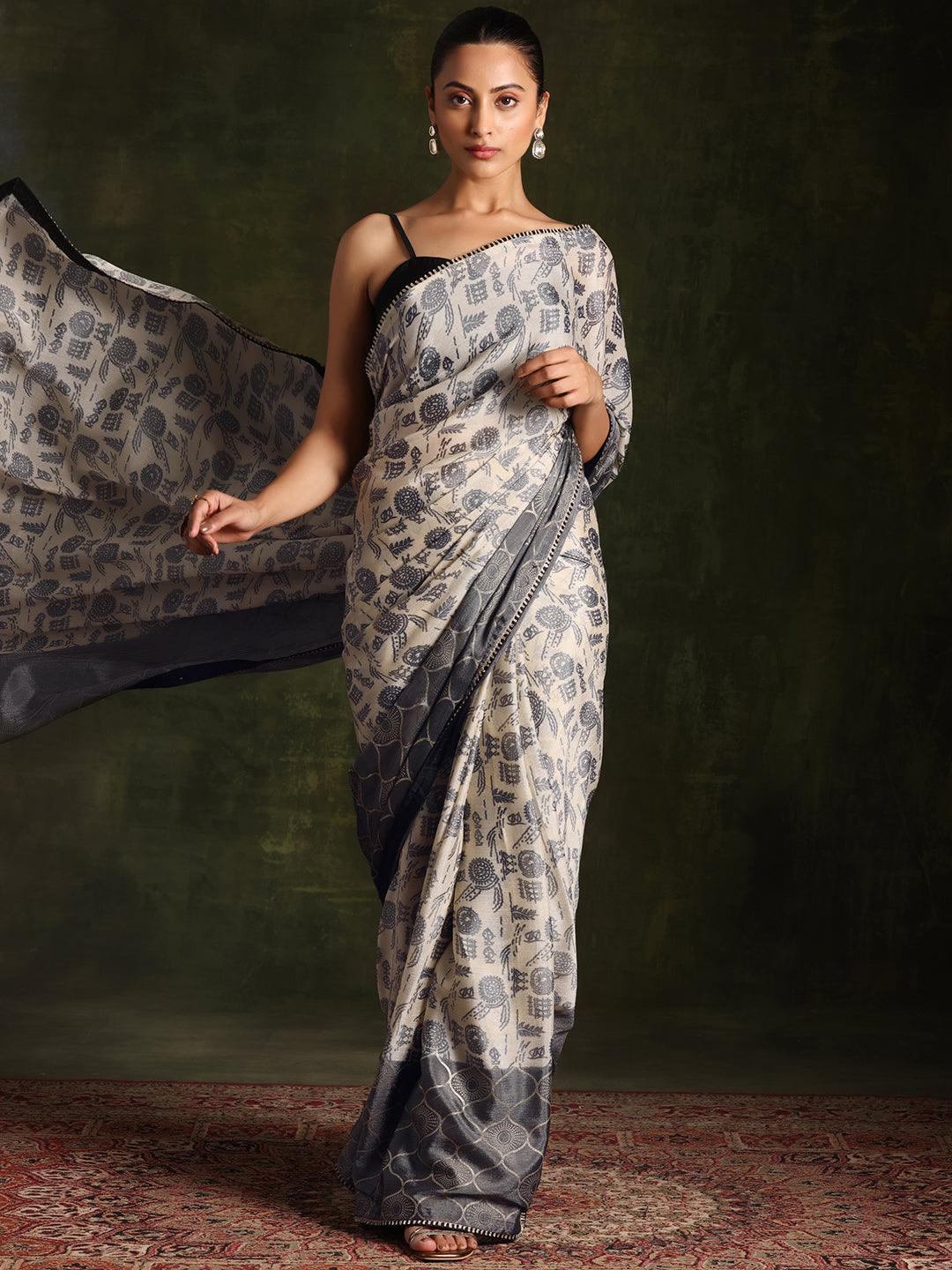 Beige Printed Silk Blend Saree With Unstitched Blouse Piece - Jashvi