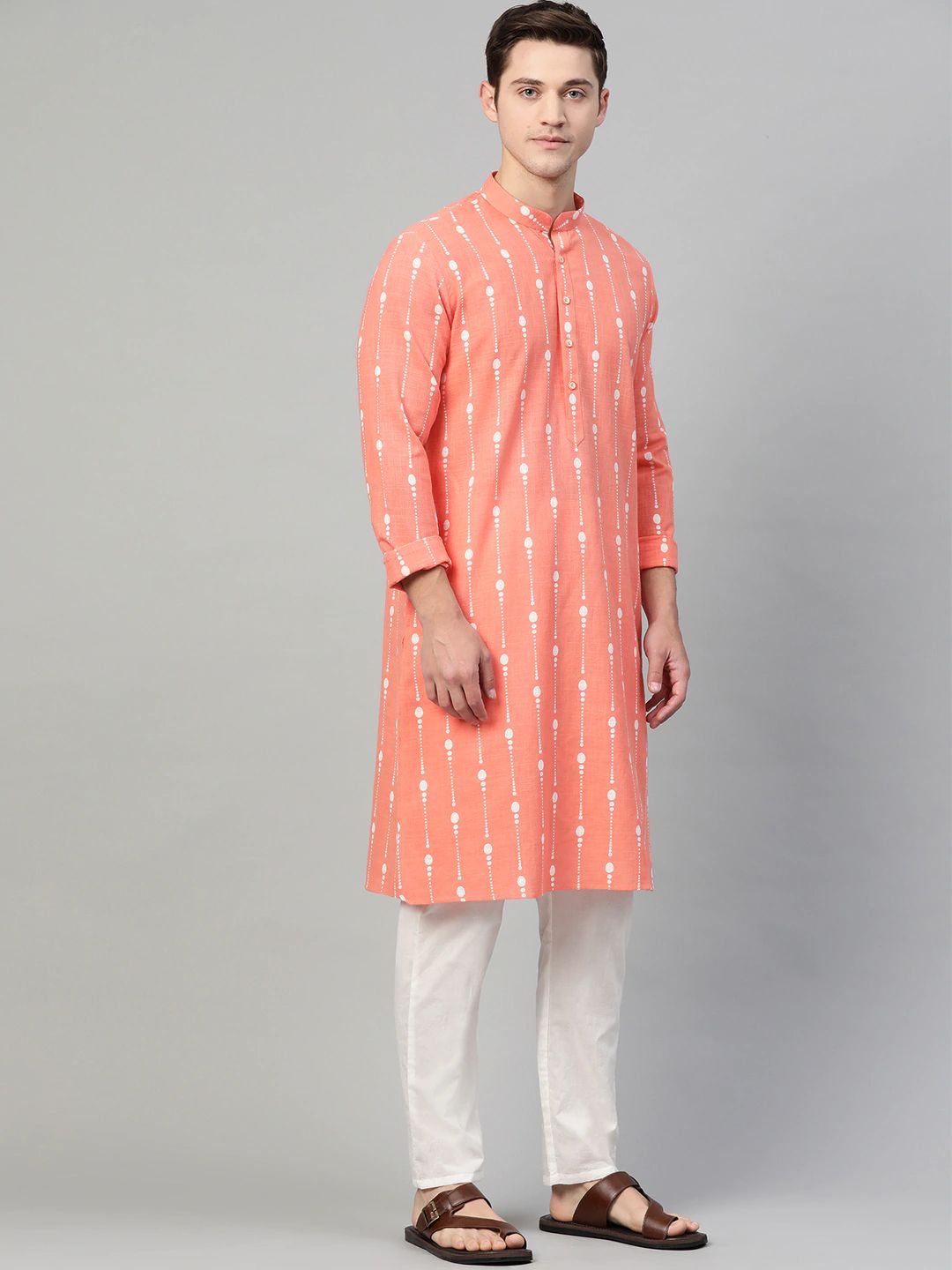 Men's Peach & White Printed Straight Kurta - See Designs