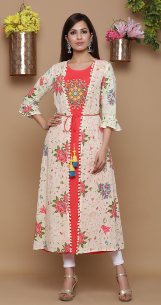 Women's Beige Rayon Embroidered Jacket Style Kurta - Juniper