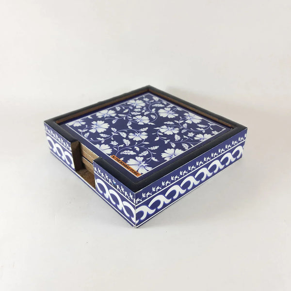 Blue Pottery' Wooden Coasters Set Of 4 By India Kreations Decor