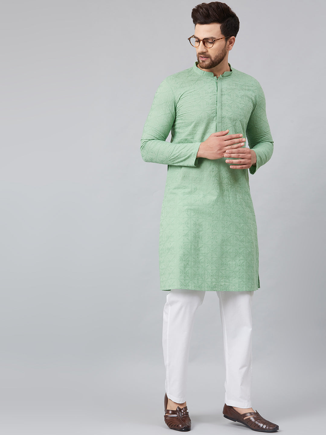 Men's Green Chikankari Embroidered Woven Design Straight Kurta With Pyjama - See Designs