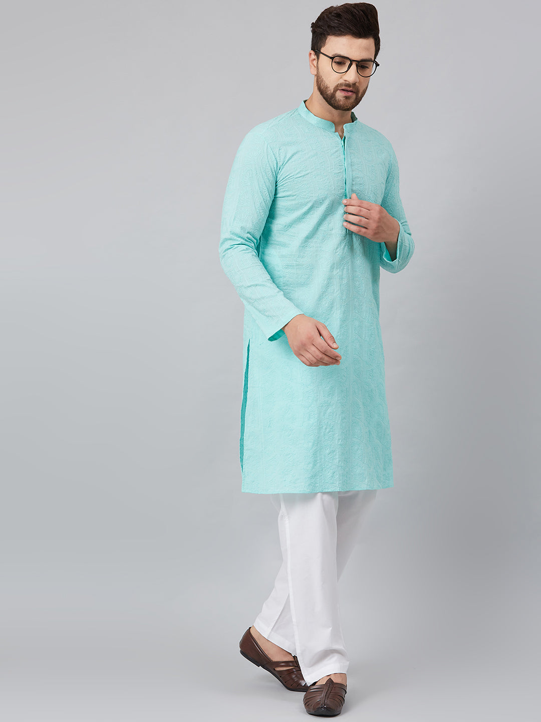 Men's Lime Green Green Chikankari Embroidered Woven Design Straight Kurta With Pyjama - See Designs