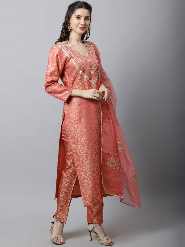 Women's Maharani Pink Embroidered Kurti With Straight Pants And Organza Dupatta - Anokherang