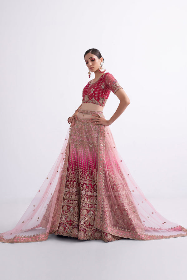 Women's Bridal Heritage Shaded Rani Heavy Embroidered Net Designer Lehenga - CHITRAS