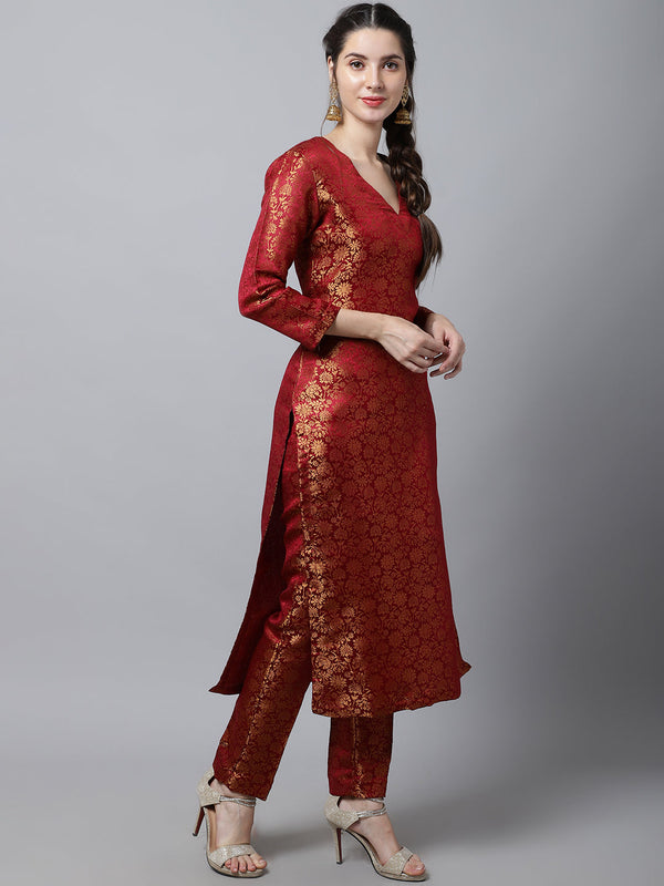 Women's Maroon Brocade Straight Kurti With Straight Pants - Anokherang