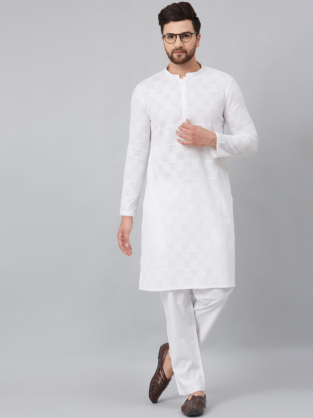 Men's White Green Chikankari Embroidered Woven Design Straight Kurta - See Designs