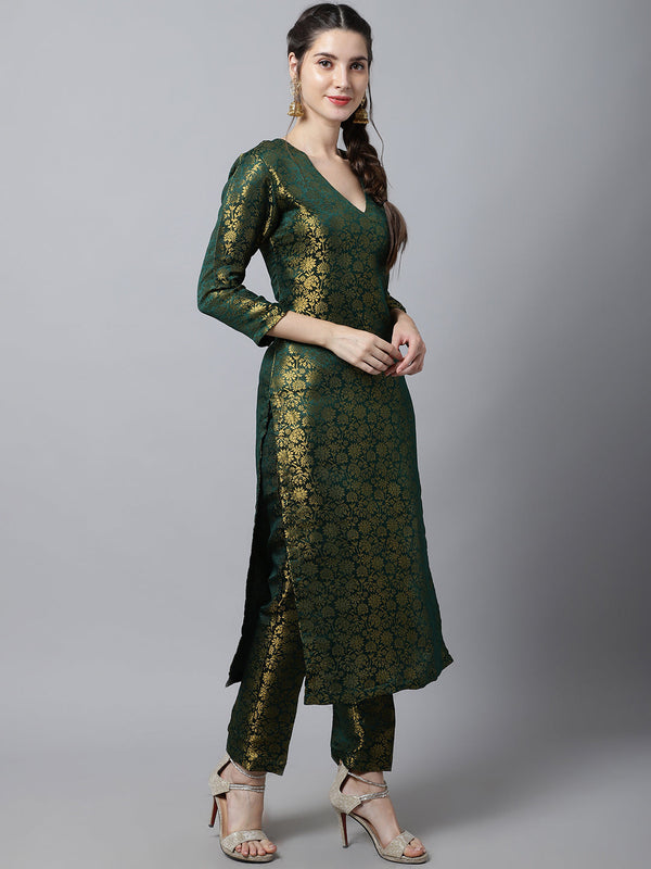 Women's Bottle Green Brocade Straight Kurti With Straight Pants - Anokherang