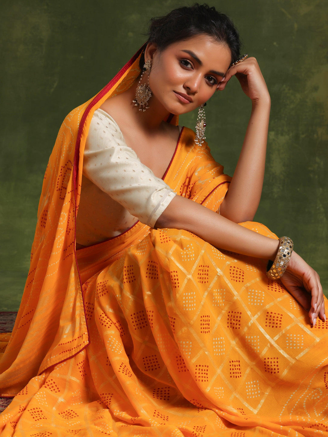 Mustard Printed Poly Georgette Saree With Unstitched Blouse Piece - Jashvi