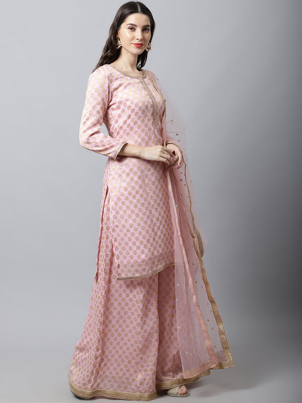 Women's Baby Pink Straight Banarasi Kurti With Flared Palazzo And Dupatta - Anokherang