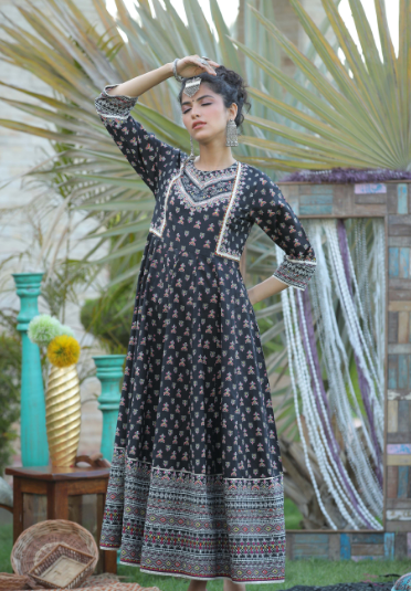 Women's Black Cambric Floral Print Anarkali Kurta Dress With Mask - Juniper