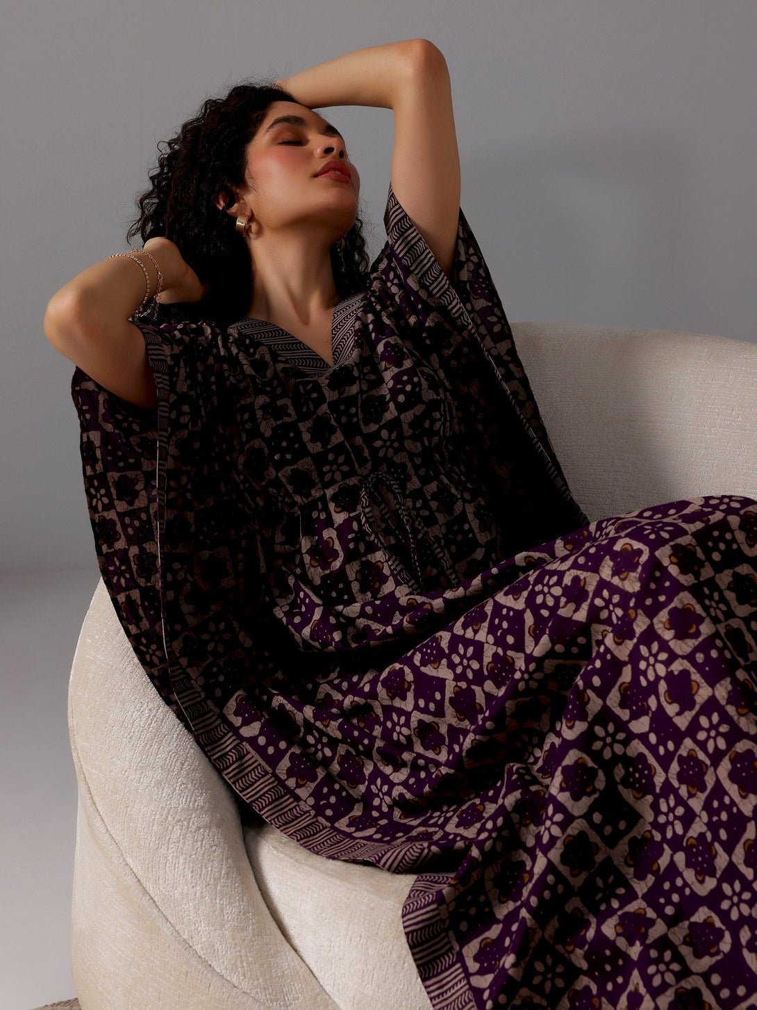 Purple Printed Cotton Kaftan Night Dress - Jashvi