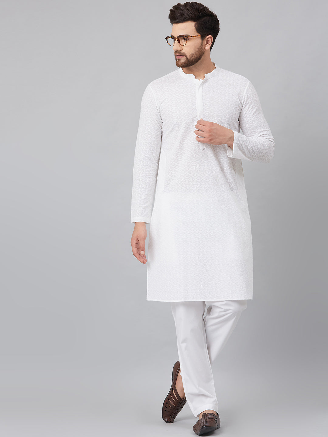 Men's White Green Chikankari Embroidered Woven Design Straight Kurta With Pyjama - See Designs