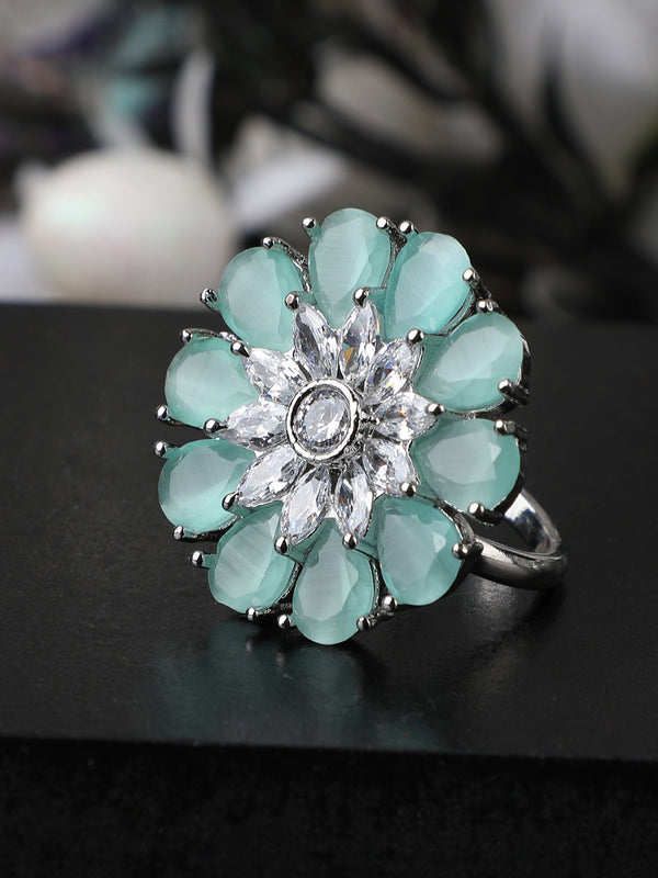 Women's Sea Green Silver-Plated Ad-Studded Hand Crafted Adjustable Finger Ring - Anikas Creation