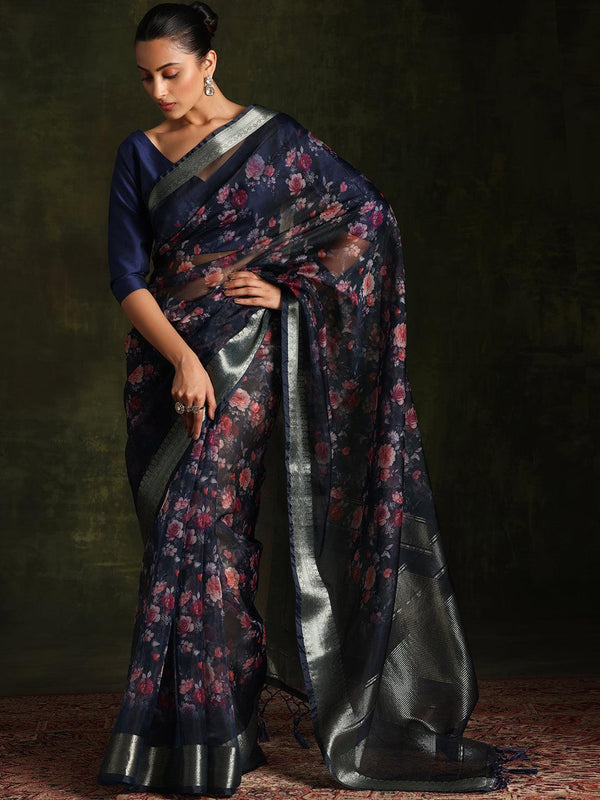 Blue Printed Organza Saree With Unstitched Blouse Piece - Jashvi