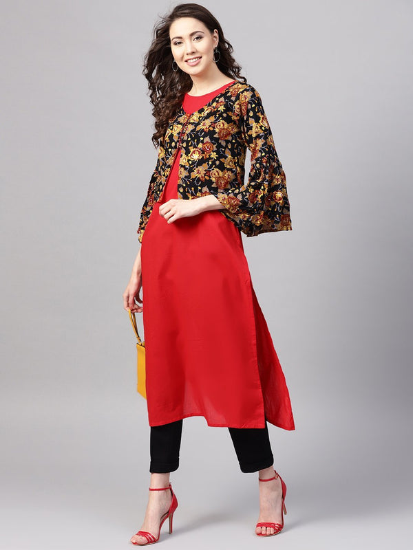 Women's Red Rayon Printed 3/4 Sleeve Round Neck Casual Kurta Only - Myshka