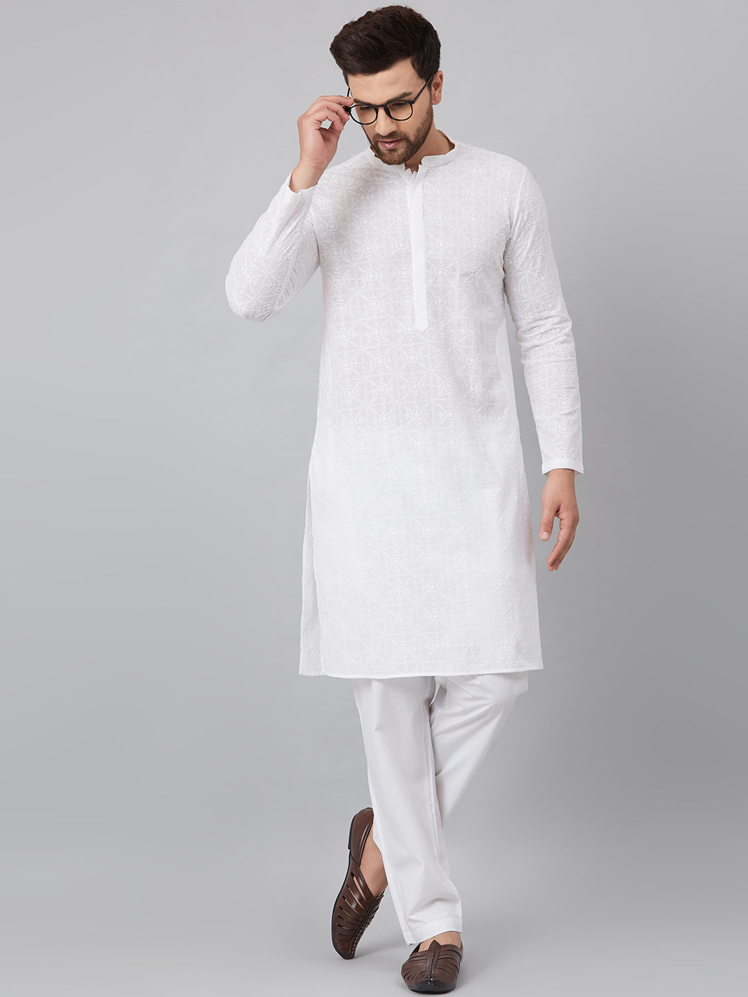 Men's White Green Chikankari Embroidered Woven Design Straight Kurta With Pyjama - See Designs