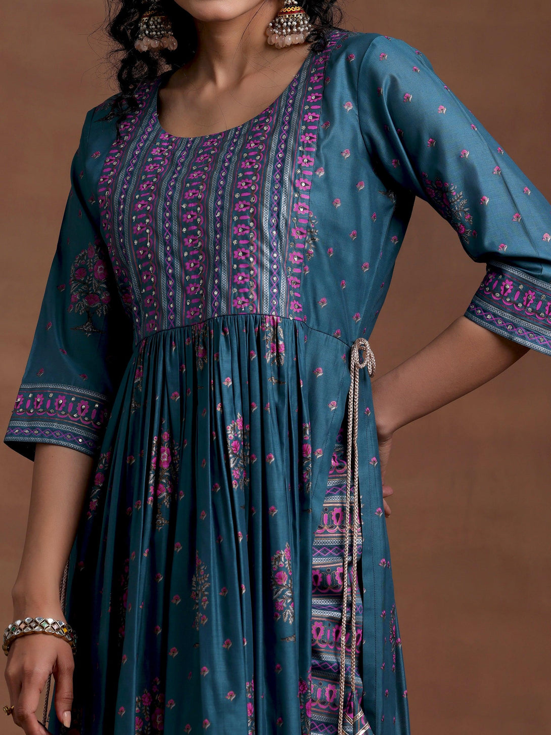 Blue Printed Silk Blend A-Line Kurta With Palazzos & Dupatta - Jashvi