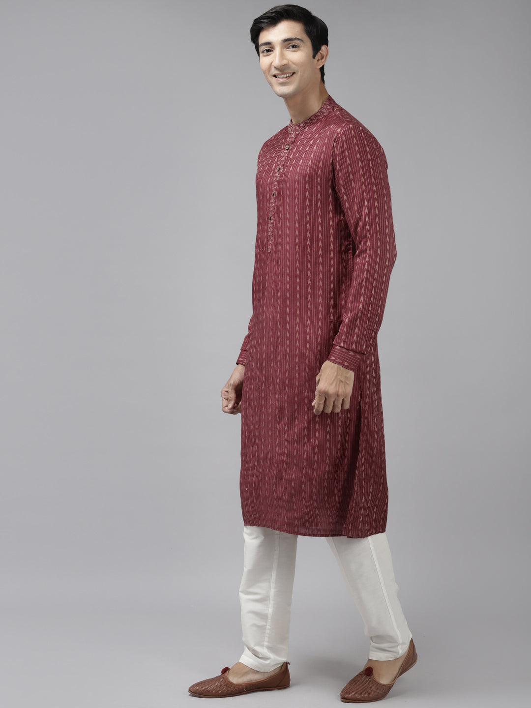 Men's Burgundy & Beige Woven Design Thread Work Kurta - See Designs