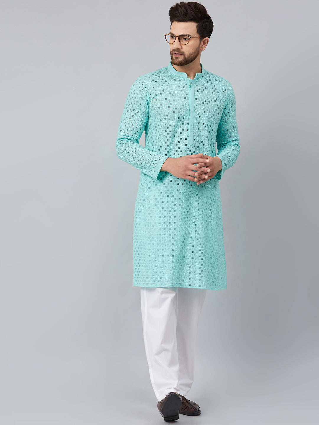 Men's Lime Green Green Chikankari Embroidered Woven Design Straight Kurta With Pyjama - See Designs