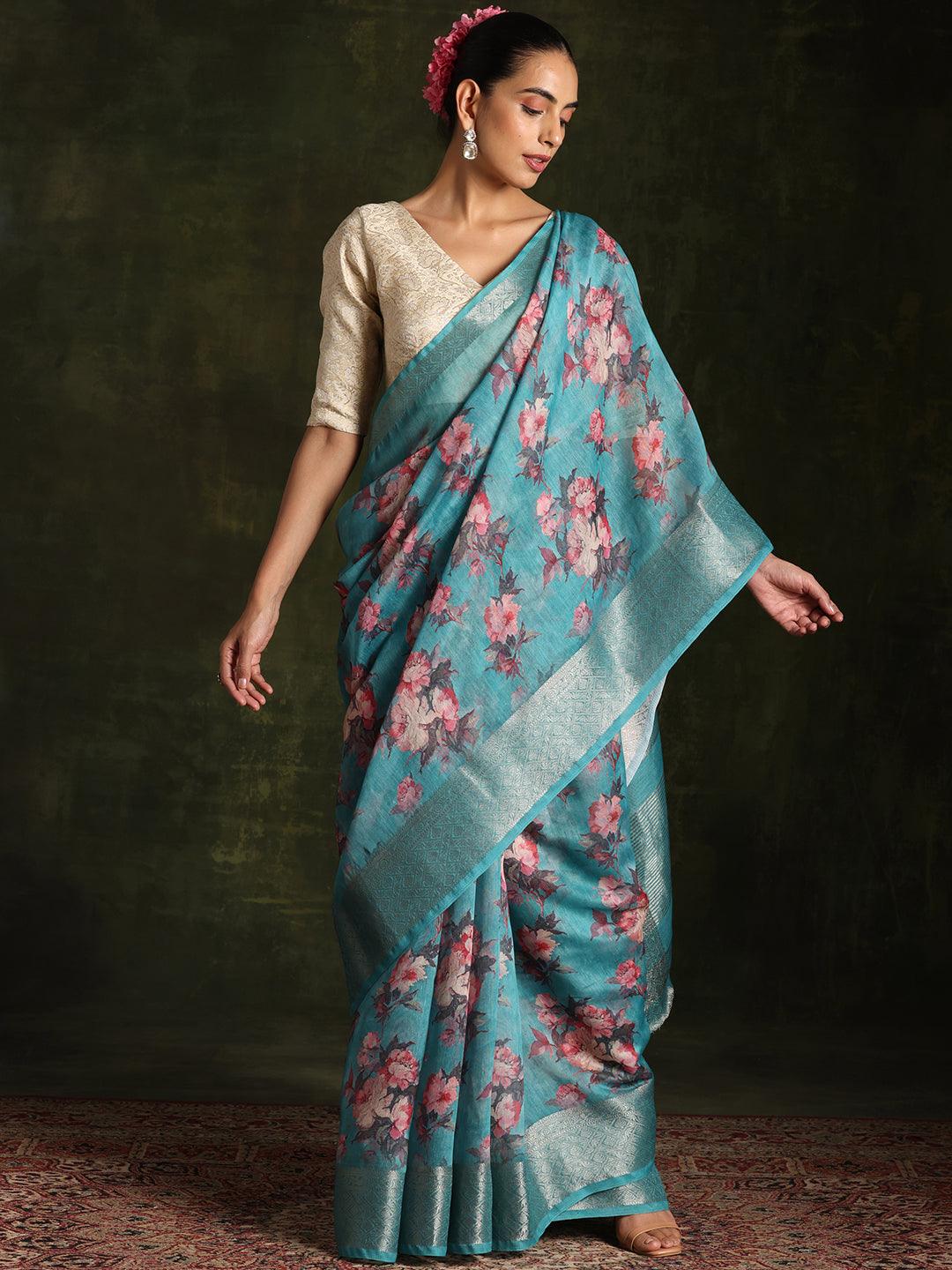 Rama Green Printed Silk Blend Saree With Unstitched Blouse Piece - Jashvi