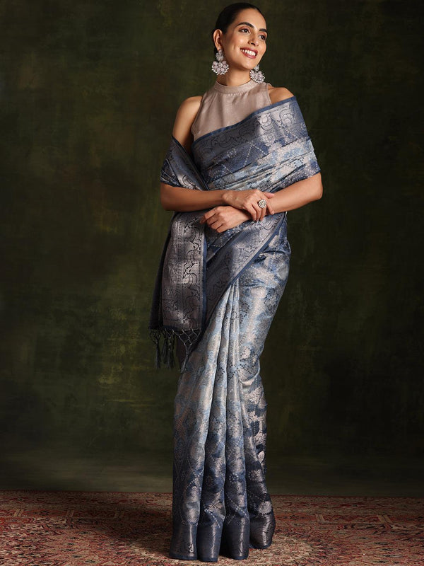 Blue Woven Design Brocade Saree With Unstitched Blouse Piece - Jashvi