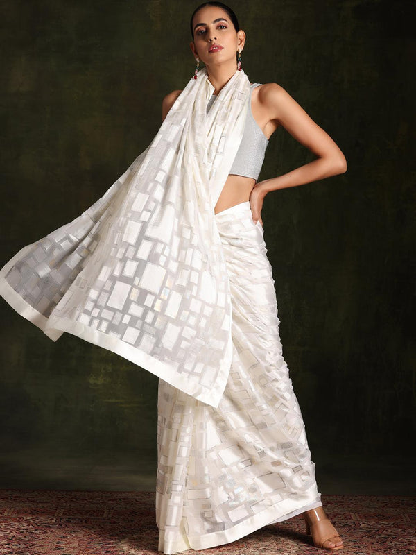 Off White Woven Design Brasso Saree With Unstitched Blouse Piece - Jashvi